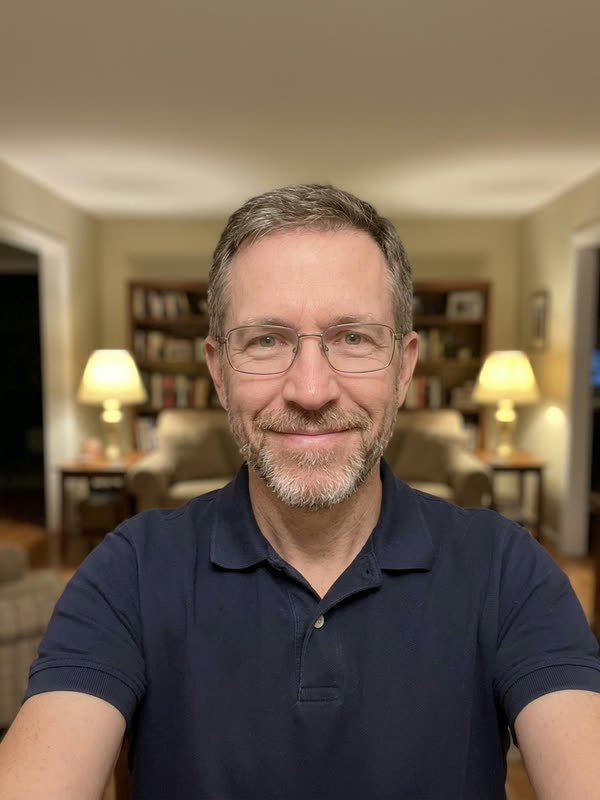 Front-camera selfie of a smiling middle-aged man in glasses and a navy polo in his living room