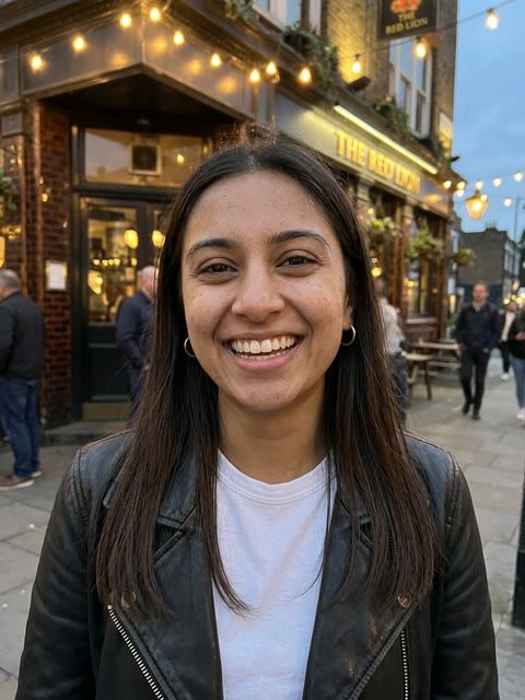 Evening photo of a smiling young woman with long dark hair in a black leather jacket outside a pub