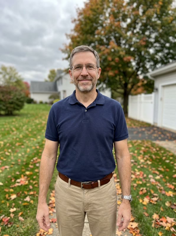 Front-yard photo of a middle-aged man in glasses, a navy polo and khakis