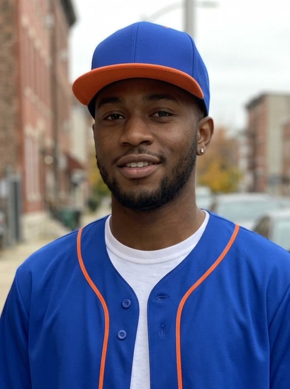 Street portrait of a man in a blue-and-orange ball cap and a blue baseball jersey