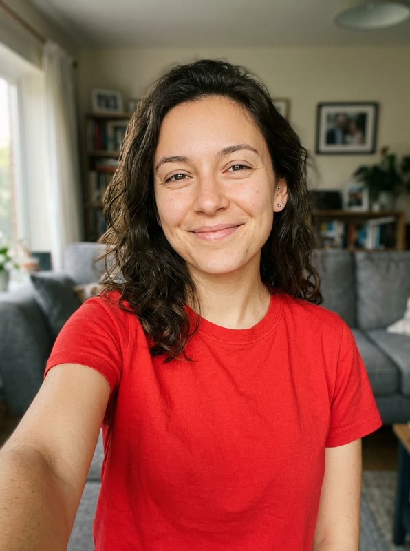 Living-room selfie of a smiling young woman with dark curly hair in a red T-shirt