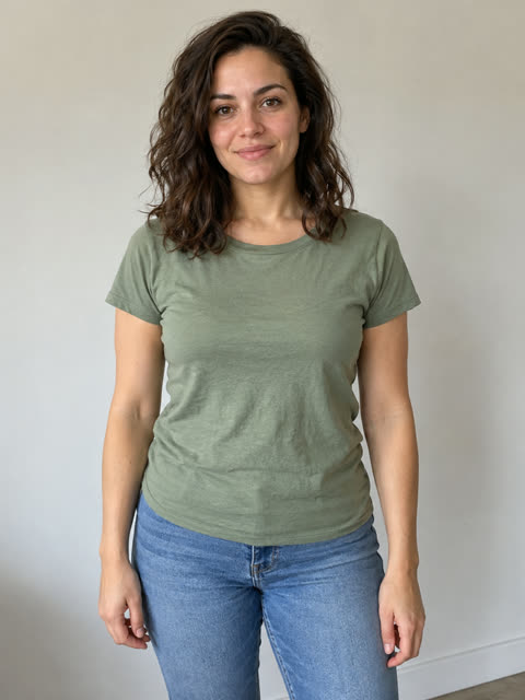 Photo of a woman with wavy brown hair in a sage T-shirt