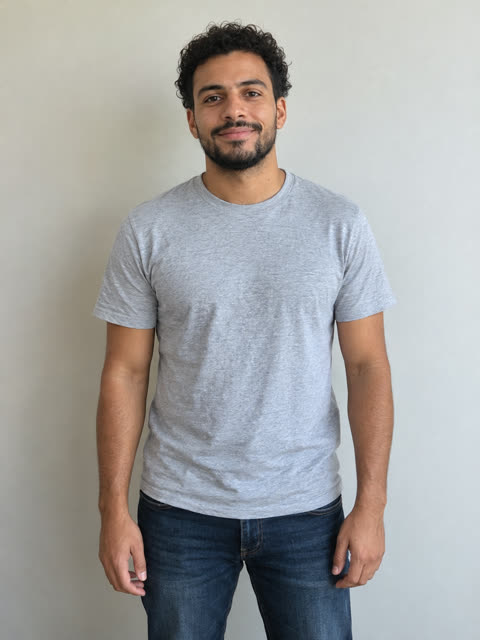 Photo of a bearded man with curly hair in a grey T-shirt