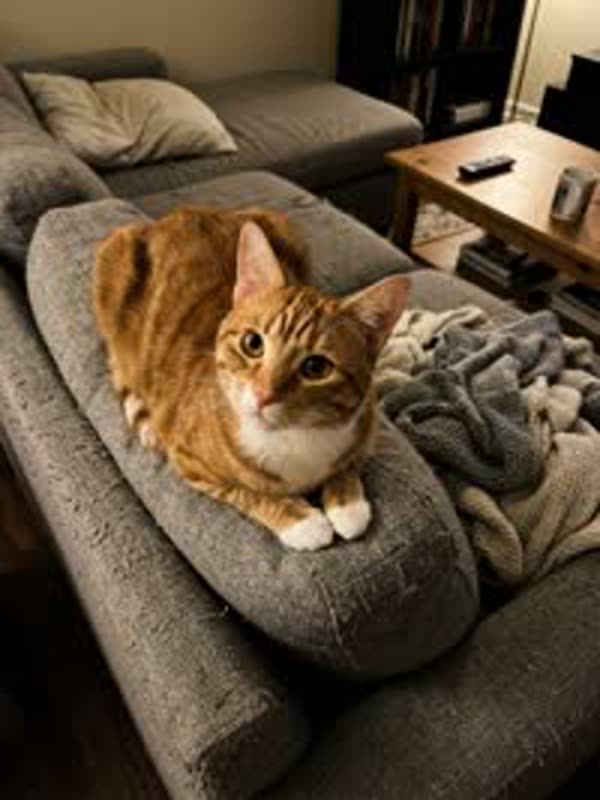 Photo of an orange tabby cat lying on a grey sofa