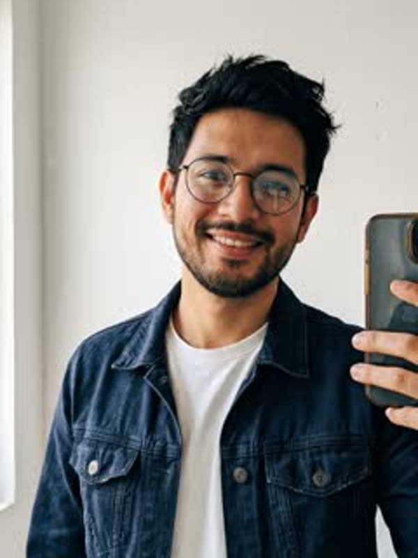 Mirror selfie of a man in glasses, a denim jacket and a white tee