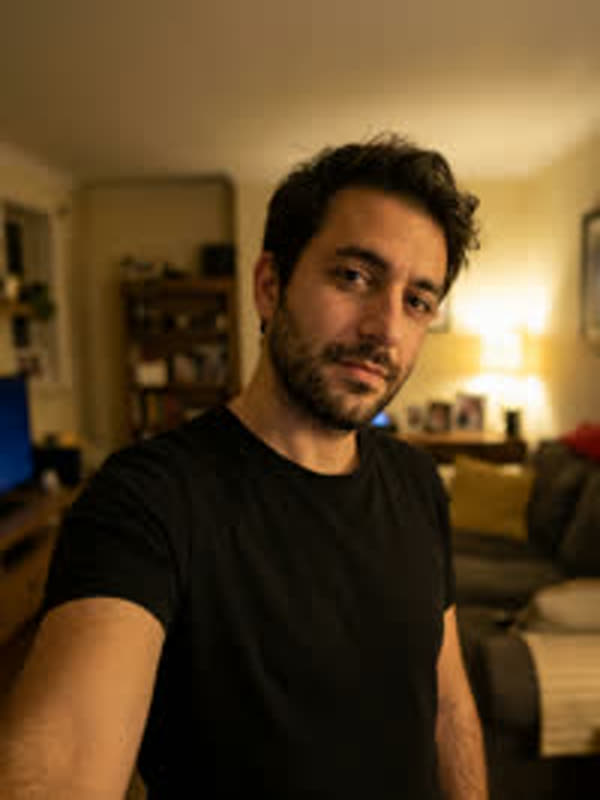 Living-room selfie of a bearded man in a black T-shirt