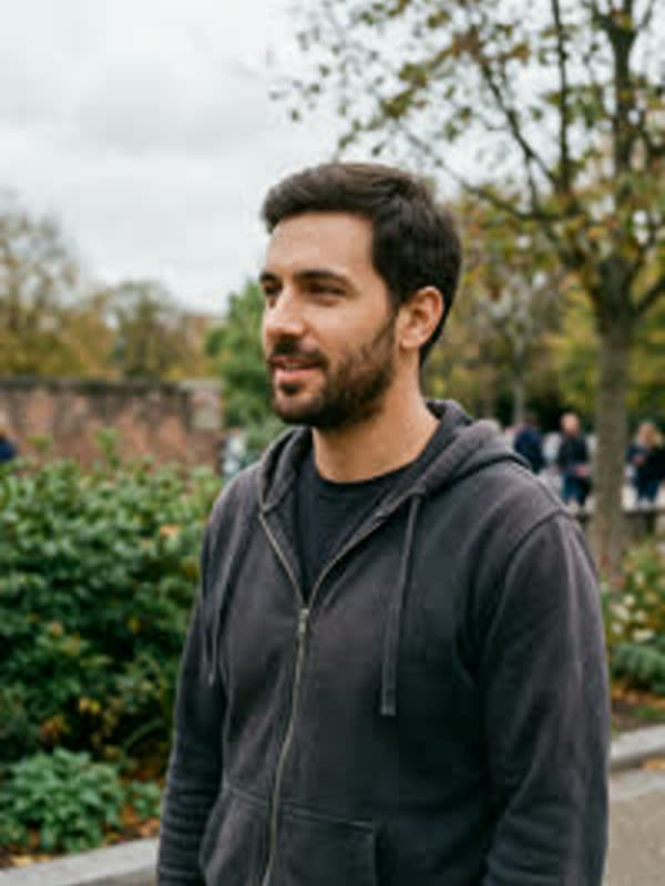 Park photo of a bearded man in a grey zip hoodie