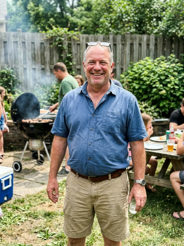 Backyard barbecue photo of a grinning grey-haired man with reading glasses on his head in a blue short-sleeved shirt and khaki shorts