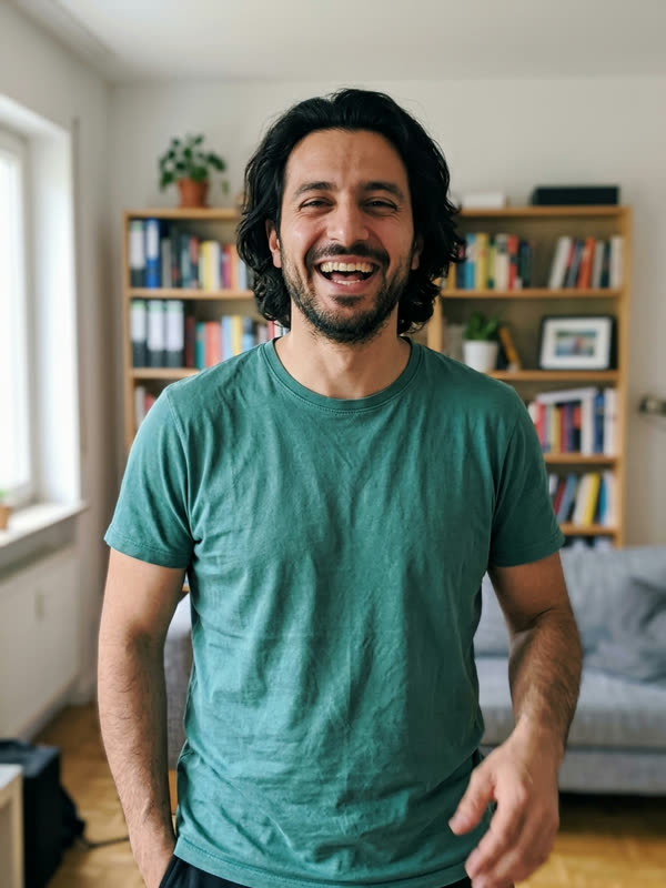 Photo of a laughing man with jaw-length dark wavy hair and a beard in a teal T-shirt