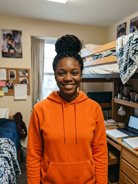 Photo of a smiling woman with box braids in a high bun and an orange hoodie