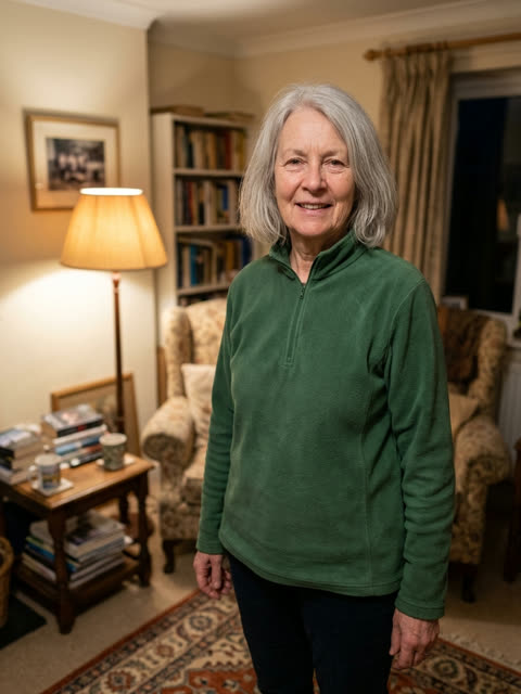 Photo of a woman with chin-length silver hair in a forest-green fleece jacket