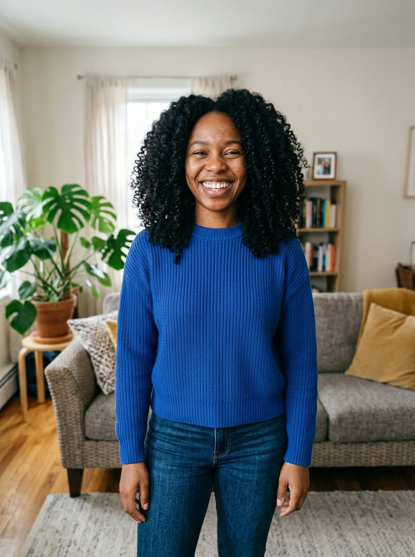 Living-room photo of a smiling woman with shoulder-length natural curls in a cobalt-blue knit sweater and jeans